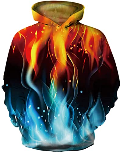 Ocean Plus Jungen 3D Kapuzenpullover Spaß Sweatshirt Hoodie mit Kängurutasche Sportlich Digitaldruck Pullover mit Kapuze (XXL (Körpergröße: 145-155cm), Rote Blaue Flamme) von Ocean Plus