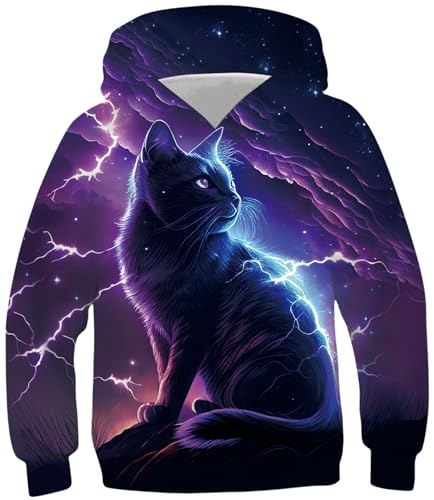 Ocean Plus Jungen Bunte Kapuzenpullover Wolf Digitaldruck Hoodie Langarmshirt Kinder Pullover Sweatshirts (L (Körpergröße: 145-150cm), Blitz Schwarze Katze) von Ocean Plus