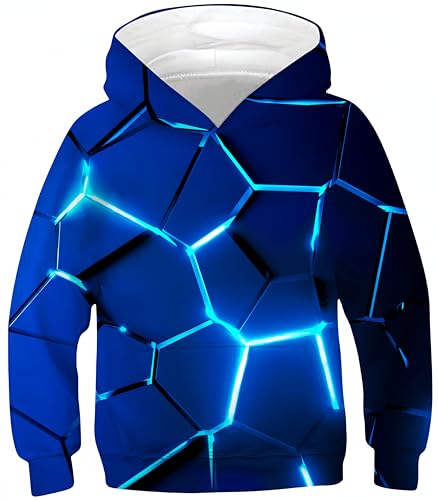 Ocean Plus Jungen Bunte Kapuzenpullover Wolf Digitaldruck Hoodie Langarmshirt Kinder Pullover Sweatshirts (XL (Körpergröße: 155-160cm), Leuchtend Blaue Geometrie) von Ocean Plus