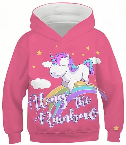 Ocean Plus Jungen Digitaldruck Kapuzenpullover mit Kängurutasche Mädchen Katze Sweatshirt Unisex Kinder Bunte Pulli mit Kapuzen (7-8 Jahre/125-135 cm, Regenbogen-Einhorn) von Ocean Plus