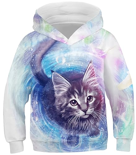 Ocean Plus Jungen Digitaldruck Kapuzenpullover mit Kängurutasche Mädchen Katze Sweatshirt Unisex Kinder Bunte Pulli mit Kapuzen (9-10 Jahre/135-145 cm, Gemälde Kätzchen) von Ocean Plus