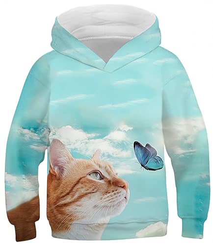 Ocean Plus Jungen Digitaldruck Kapuzenpullover mit Kängurutasche Mädchen Katze Sweatshirt Unisex Kinder Bunte Pulli mit Kapuzen (9-10 Jahre/135-145 cm, Kätzchen-Schmetterling) von Ocean Plus