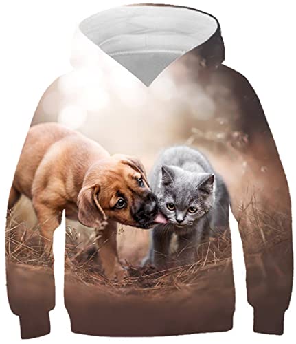 Ocean Plus Jungen Digitaldruck Langarm Sweatshirt mit Kapuzen Mädchen Schöner Kapuzenpullover Kinder Hooded Sweat Hoodies (11-12 Jahre/145-155 cm, Hund leckt Katze) von Ocean Plus