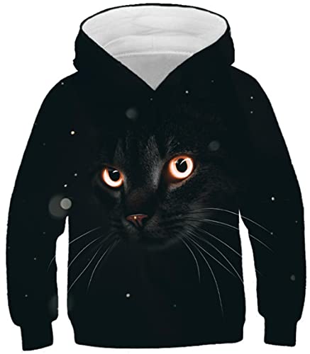 Ocean Plus Jungen Digitaldruck Langarm Sweatshirt mit Kapuzen Mädchen Schöner Kapuzenpullover Kinder Hooded Sweat Hoodies (11-12 Jahre/145-155 cm, Schwarze Katze) von Ocean Plus