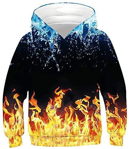 Ocean Plus Jungen Digitaldruck Langarm Sweatshirt mit Kapuzen Mädchen Schöner Kapuzenpullover Kinder Hooded Sweat Hoodies (9-10 Jahre/135-145 cm, Wasser und Feuer) von Ocean Plus