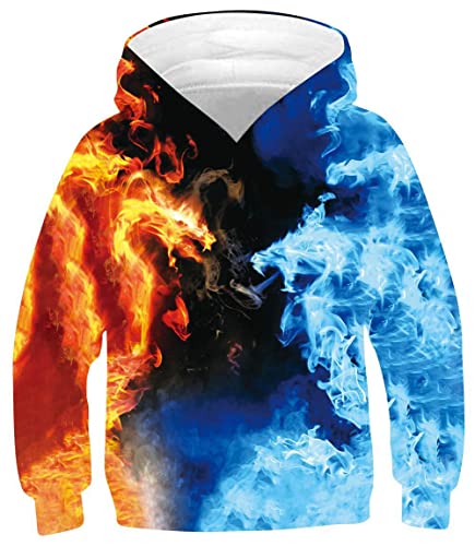 Ocean Plus Jungen Digitaldruck Langarm Sweatshirt mit Kapuzen Mädchen Schöner Kapuzenpullover Kinder Hooded Sweat Hoodies (9-10 Jahre/135-145 cm, Wasser und Feuer Zwillingsdrachen) von Ocean Plus