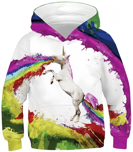 Ocean Plus Jungen Hoodie Tierdruck Kapuzenpulli mit Aufdruck Kapuzenpullover Kinder Sweatshirt Hooded Sweat (L (Körpergröße: 145-150cm), Regenbogen Einhorn 2) von Ocean Plus