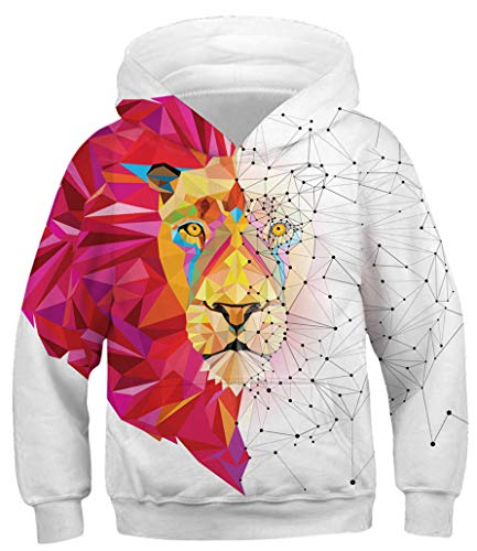 Ocean Plus Jungen Hoodie Tierdruck Kapuzenpulli mit Aufdruck Kapuzenpullover Kinder Sweatshirt Hooded Sweat (L (Körpergröße: 145-150cm), Roter und weißer quadratischer Löwe) von Ocean Plus