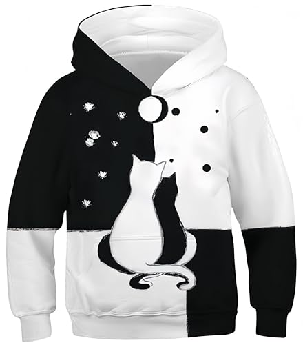 Ocean Plus Jungen Hoodie Tierdruck Kapuzenpulli mit Aufdruck Kapuzenpullover Kinder Sweatshirt Hooded Sweat (L (Körpergröße: 145-150cm), Schwarze und weiße Katzen) von Ocean Plus