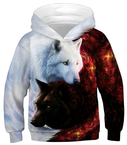 Ocean Plus Jungen Hoodie Tierdruck Kapuzenpulli mit Aufdruck Kapuzenpullover Kinder Sweatshirt Hooded Sweat (M (Körpergröße: 135-140cm), Engel und Teufel Doppelwolf) von Ocean Plus