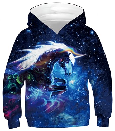 Ocean Plus Jungen Hoodie Tierdruck Kapuzenpulli mit Aufdruck Kapuzenpullover Kinder Sweatshirt Hooded Sweat (M (Körpergröße: 135-140cm), Blau Galaxie Einhorn) von Ocean Plus