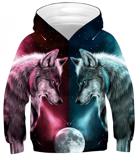 Ocean Plus Jungen Hoodie Tierdruck Kapuzenpulli mit Aufdruck Kapuzenpullover Kinder Sweatshirt Hooded Sweat (S (Körpergröße: 125-130cm), Rote und grüne Doppelwölfe) von Ocean Plus