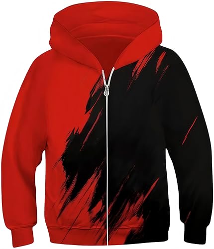 Ocean Plus Jungen Hoodies Sweatshirt mit Reißverschluss Lange Ärmel Pullover mit Kapuzen Kinder Kapuzenpullover (L (Körpergröße: 130-135 cm), Rot und schwarz) von Ocean Plus