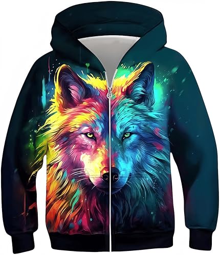 Ocean Plus Jungen Hoodies Sweatshirt mit Reißverschluss Lange Ärmel Pullover mit Kapuzen Kinder Kapuzenpullover (M (Körpergröße: 125-130 cm), Bunter Wolf) von Ocean Plus