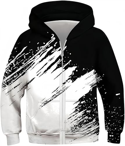 Ocean Plus Jungen Hoodies Sweatshirt mit Reißverschluss Lange Ärmel Pullover mit Kapuzen Kinder Kapuzenpullover (M (Körpergröße: 125-130 cm), Weiß und Schwarz) von Ocean Plus