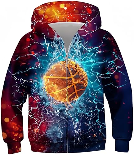 Ocean Plus Jungen Hoodies Sweatshirt mit Reißverschluss Lange Ärmel Pullover mit Kapuzen Kinder Kapuzenpullover (XL (Körpergröße: 135-140 cm), Basketball) von Ocean Plus