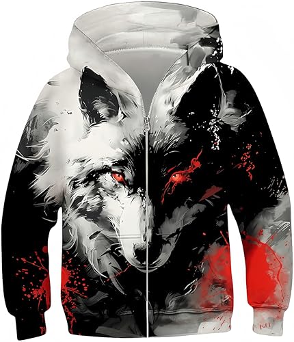 Ocean Plus Jungen Hoodies Sweatshirt mit Reißverschluss Lange Ärmel Pullover mit Kapuzen Kinder Kapuzenpullover (XL (Körpergröße: 135-140 cm), Rotäugiger Wolf) von Ocean Plus