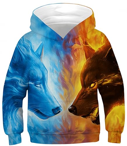 Ocean Plus Jungen Kapuzenpullover Bunt Teens Hoodie Kinder Langarm Pulli mit Kapuzen Sweatshirt Unisex Pullover (L (Körpergröße: 145-150cm), Eisfeuerwolf) von Ocean Plus