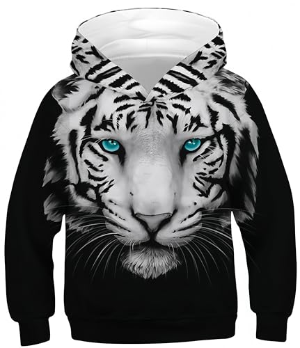 Ocean Plus Jungen Kapuzenpullover Bunt Teens Hoodie Kinder Langarm Pulli mit Kapuzen Sweatshirt Pullover (M (Körpergröße: 135-140cm), Grünäugiger weißer Tiger) von Ocean Plus