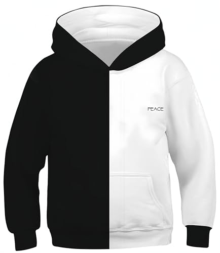 Ocean Plus Jungen Kapuzenpullover Bunt Teens Hoodie Kinder Langarm Pulli mit Kapuzen Sweatshirt Pullover (L (Körpergröße: 145-150cm), Schwarz-Weiß-Frieden) von Ocean Plus