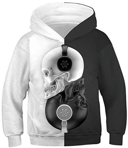Ocean Plus Jungen Kapuzenpullover Bunt Teens Hoodie Kinder Langarm Pulli mit Kapuzen Sweatshirt Unisex Pullover (L (Körpergröße: 145-150cm), Schwarzweiß Schädel Kopfhörer) von Ocean Plus