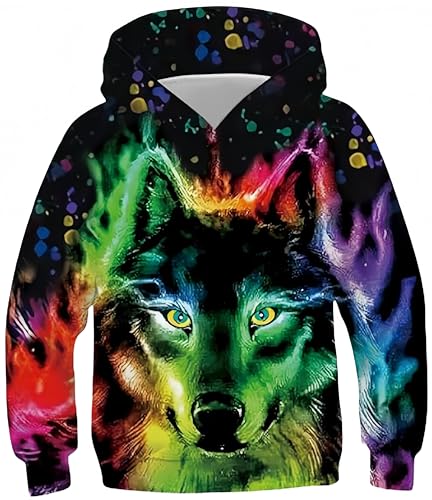 Ocean Plus Jungen Kapuzenpullover Bunt Teens Hoodie Kinder Langarm Pulli mit Kapuzen Sweatshirt Pullover (M (Körpergröße: 135-140cm), Farbiger Wolf) von Ocean Plus