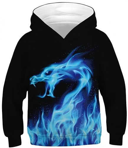 Ocean Plus Jungen Kapuzenpullover Bunt Teens Hoodie Kinder Langarm Pulli mit Kapuzen Sweatshirt Unisex Pullover (S (Körpergröße: 125-130cm), Blauer Feuer Drache 7) von Ocean Plus