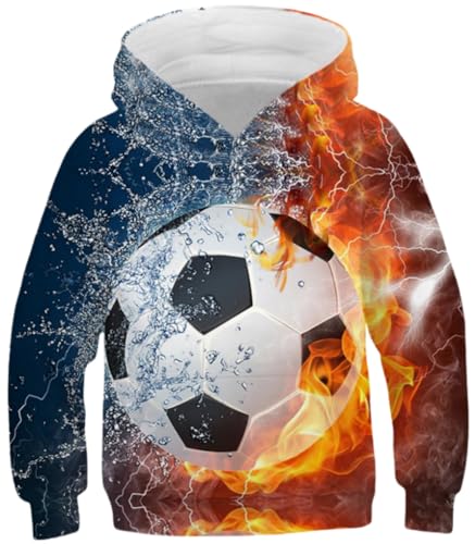 Ocean Plus Jungen Kapuzenpullover Bunt Teens Hoodie Kinder Langarm Pulli mit Kapuzen Sweatshirt Pullover (S (Körpergröße: 125-130cm), Feuer- und Wasserfußball) von Ocean Plus