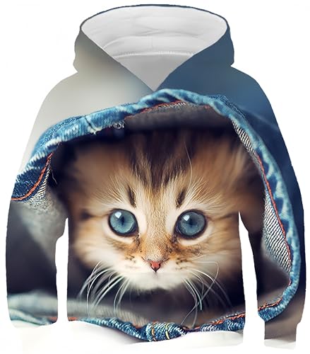 Ocean Plus Jungen Kapuzenpullover Bunt Teens Hoodie Kinder Langarm Pulli mit Kapuzen Sweatshirt Pullover (S (Körpergröße: 125-130cm), Jeans Kätzchen) von Ocean Plus