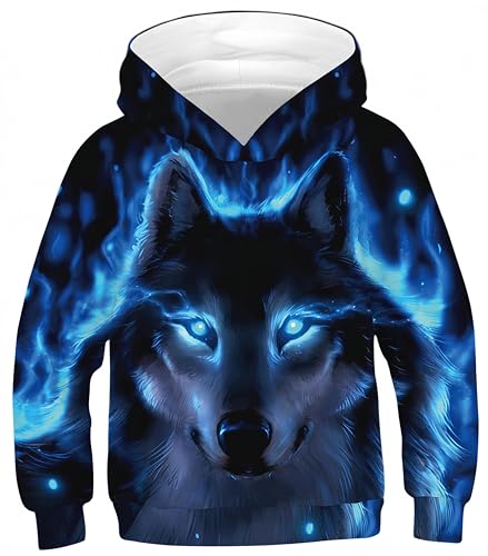 Ocean Plus Jungen Kapuzenpullover Bunt Teens Hoodie Kinder Langarm Pulli mit Kapuzen Sweatshirt Pullover (XL (Körpergröße: 155-160cm), Blauäugiger Schwarzer Wolf) von Ocean Plus