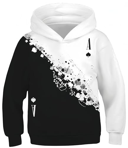 Ocean Plus Jungen Kapuzenpullover Bunt Teens Hoodie Kinder Langarm Pulli mit Kapuzen Sweatshirt Unisex Pullover (XL (Körpergröße: 155-160cm), Schwarz-Weiß-Poker) von Ocean Plus