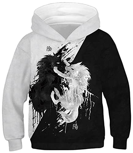 Ocean Plus Jungen Kapuzenpullover Bunt Teens Hoodie Kinder Langarm Pulli mit Kapuzen Sweatshirt Unisex Pullover (XL (Körpergröße: 155-160cm), Yin-Yang-Löwe) von Ocean Plus