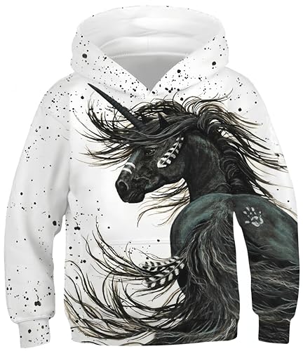 Ocean Plus Jungen Kapuzenpullover Bunt Teens Hoodie Kinder Langarm Pulli mit Kapuzen Sweatshirt Unisex Pullover (L (Körpergröße: 145-150cm), Wasserfarben Pferdemalerei 7) von Ocean Plus