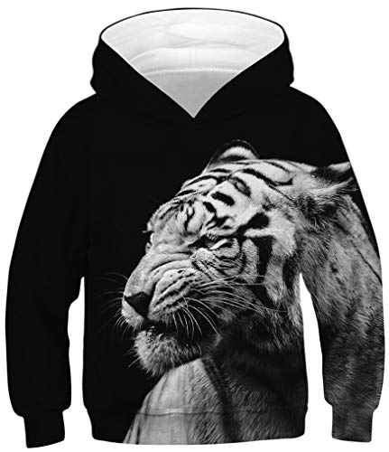 Ocean Plus Jungen Kapuzenpullover Bunt Teens Hoodie Kinder Langarm Pulli mit Kapuzen Sweatshirt Unisex Pullover (M (Körpergröße: 135-140cm), Weißer Tiger auf Schwarz) von Ocean Plus