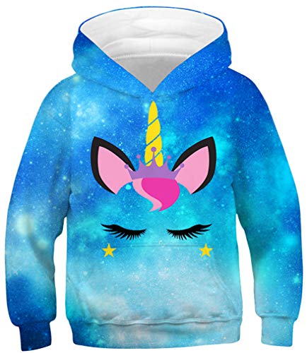 Ocean Plus Jungen Kapuzenpullover Bunt Teens Hoodie Kinder Langarm Pulli mit Kapuzen Sweatshirt Unisex Pullover (S (Körpergröße: 125-130cm), Lang Wimpern Blau Einhorn) von Ocean Plus