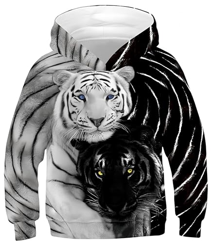 Ocean Plus Jungen Kapuzenpullover Bunt Teens Hoodie Kinder Langarm Pulli mit Kapuzen Sweatshirt Unisex Pullover (S (Körpergröße: 125-130cm), Schwarz Weiß Doppel Tiger) von Ocean Plus