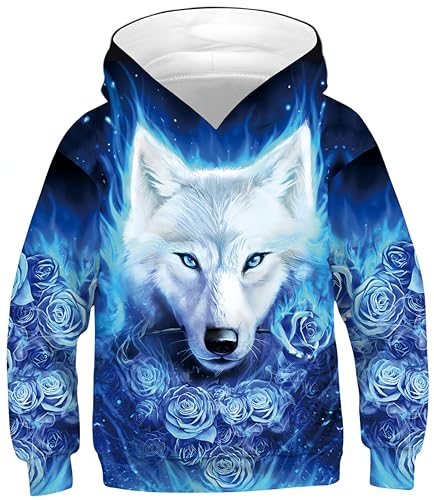 Ocean Plus Jungen Kapuzenpullover Digitaldruck Hoodie Langarmshirt Pullover Sweatshirts mit Kapuze (L (Körpergröße: 145-150cm), Blaue Rosen weißer Wolf) von Ocean Plus