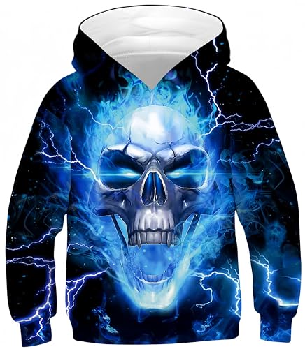 Ocean Plus Jungen Kapuzenpullover Digitaldruck Hoodie Langarmshirt Pullover Sweatshirts mit Kapuze (L (Körpergröße: 145-150cm), Blauer Feuerschädel) von Ocean Plus