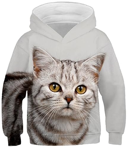 Ocean Plus Jungen Kapuzenpullover Digitaldruck Hoodie Langarmshirt Pullover Sweatshirts mit Kapuze (L (Körpergröße: 145-150cm), Gelbäugige Katze) von Ocean Plus