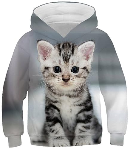 Ocean Plus Jungen Kapuzenpullover Digitaldruck Hoodie Langarmshirt Pullover Sweatshirts mit Kapuze (L (Körpergröße: 145-150cm), Kleine Katze) von Ocean Plus