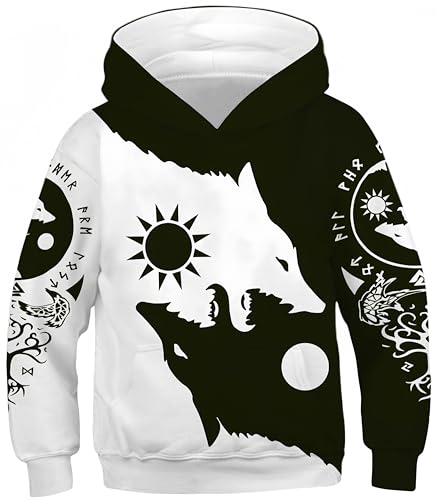 Ocean Plus Jungen Kapuzenpullover Digitaldruck Hoodie Langarmshirt Pullover Sweatshirts mit Kapuze (L (Körpergröße: 145-150cm), Wikinger Wolf Totem) von Ocean Plus