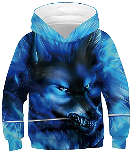 Ocean Plus Jungen Kapuzenpullover Digitaldruck Hoodie Langarmshirt Pullover Sweatshirts mit Kapuze (L (Körpergröße: 145-150cm), Wilder Blauer Wolf) von Ocean Plus