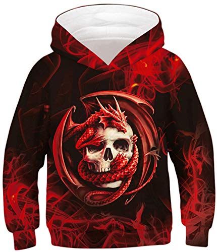 Ocean Plus Jungen Kapuzenpullover Digitaldruck Hoodie Langarmshirt Pullover Sweatshirts mit Kapuze (M (Körpergröße: 135-140cm), Drache Schädel) von Ocean Plus