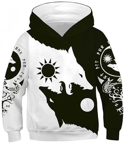 Ocean Plus Jungen Kapuzenpullover Digitaldruck Hoodie Langarmshirt Pullover Sweatshirts mit Kapuze (M (Körpergröße: 135-140cm), Wikinger Wolf Totem) von Ocean Plus
