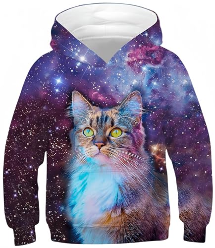 Ocean Plus Jungen Kapuzenpullover Digitaldruck Hoodie Langarmshirt Pullover Sweatshirts mit Kapuze (S (Körpergröße: 125-130cm), Galaxie Katze) von Ocean Plus