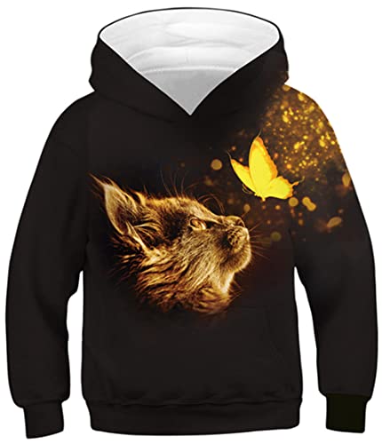 Ocean Plus Jungen Kapuzenpullover Digitaldruck Hoodie Langarmshirt Pullover Sweatshirts mit Kapuze (S (Körpergröße: 125-130cm), Goldener Katze Schmetterling) von Ocean Plus