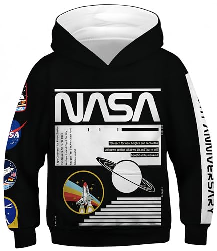 Ocean Plus Jungen Kapuzenpullover Digitaldruck Hoodie Langarmshirt Pullover Sweatshirts mit Kapuze (XS (Körpergröße: 115-120cm), Schwarze NASA) von Ocean Plus