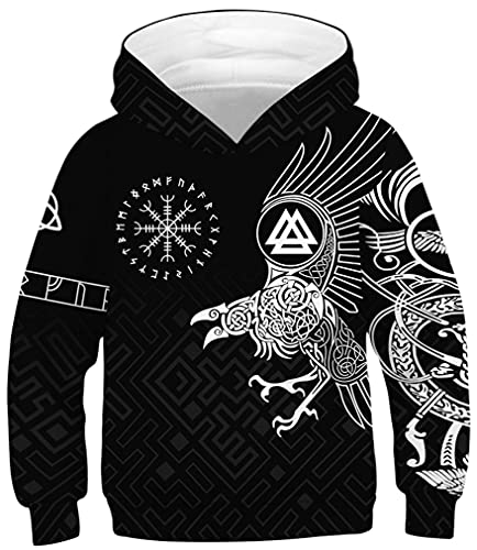 Ocean Plus Jungen Kapuzenpullover Digitaldruck Hoodie Langarmshirt Pullover Sweatshirts mit Kapuze (XS (Körpergröße: 115-120cm), Wikinger Adler Totem) von Ocean Plus