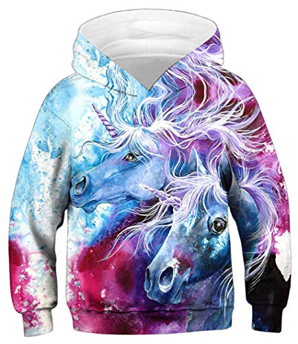 Ocean Plus Jungen Kapuzenpullover Digitaldruck Hoodie Langarmshirt Pullover Sweatshirts mit Kapuze (XS (Körpergröße: 115-120cm), Zwei Einhörner) von Ocean Plus