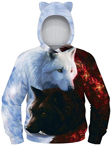 Ocean Plus Jungen Kapuzenpullover mit Katzenohren Langarmshirt mit Digitaldruck Kinder Tierdruck Sweatshirt Kätzchen Pullover (L (Körpergröße: 145-150cm), Engel und Teufel Wölfe) von Ocean Plus